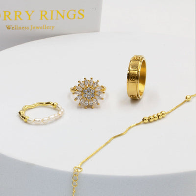 Helios Wellbeing Bundle 925 Sterling Silver Sun Spinner Worry Ring Wellness jewellery sliding rotating spinning meditation gold silver 925 Amara cartier pearl bracelet